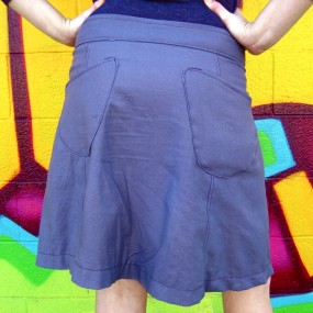 purple denim skirt from behind