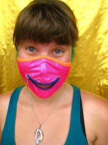 Hannah in a neon mask