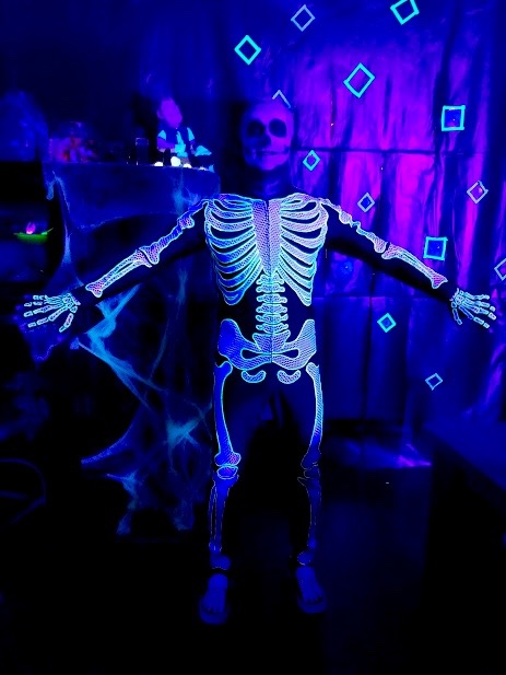 blacklight skeleton costume, made by Julianne