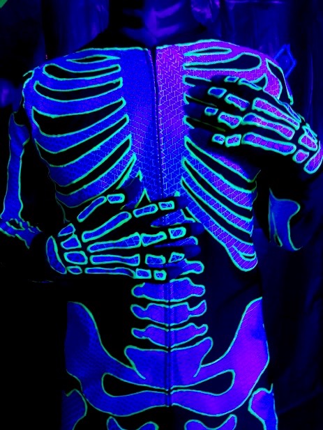 blacklight skeleton costume, made by Julianne